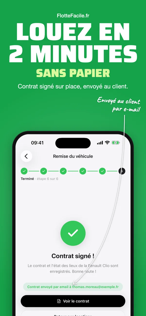 Louez en 2 minutes sans papier : contrat signé sur place, envoyé au client
