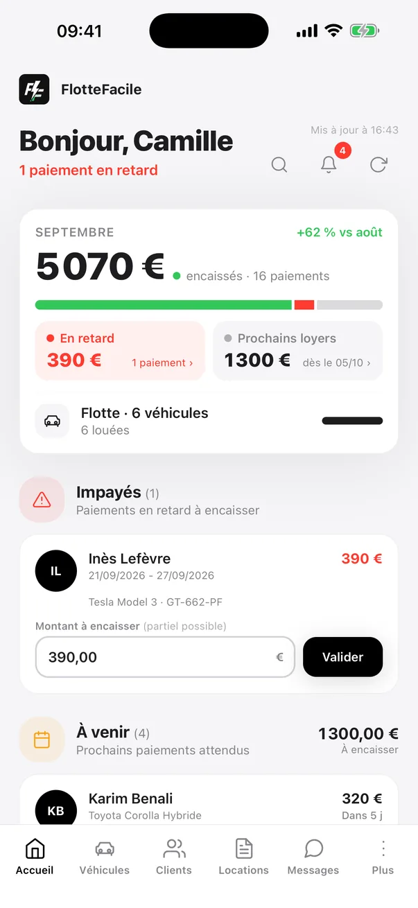 Application mobile FlotteFacile : accueil avec les chiffres de la flotte