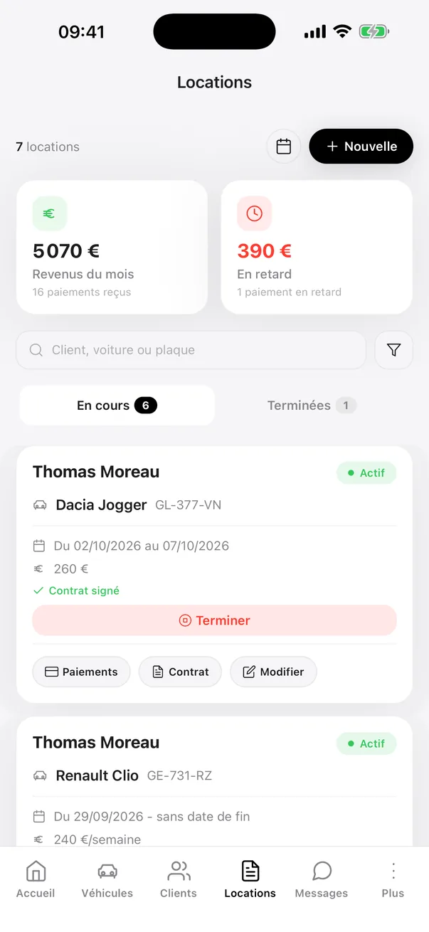 Application mobile : locations en cours et contrats