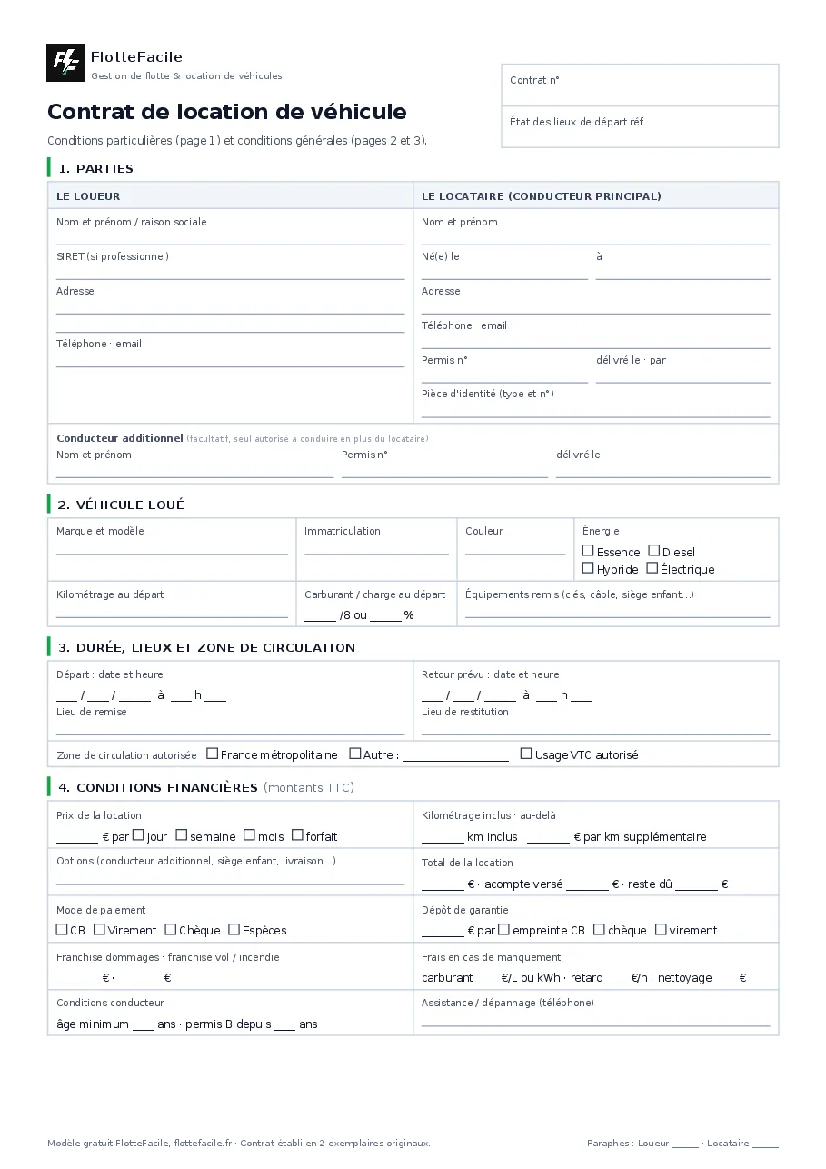Aperçu de la 1re page : Modèle de contrat de location voiture