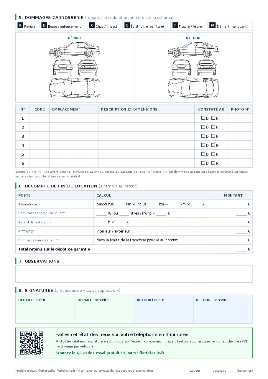 Aperçu de la 2e page : schéma de la voiture et tableau des dommages