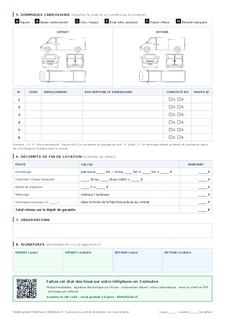 Aperçu de la 2e page : schéma de l’utilitaire et tableau des dommages