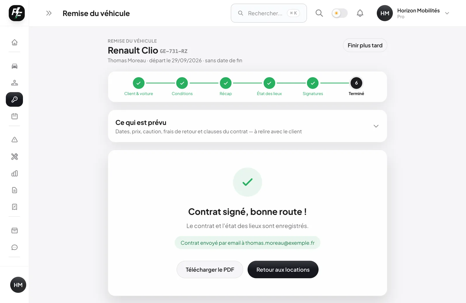 Confirmation de l’envoi par email du contrat de location signé