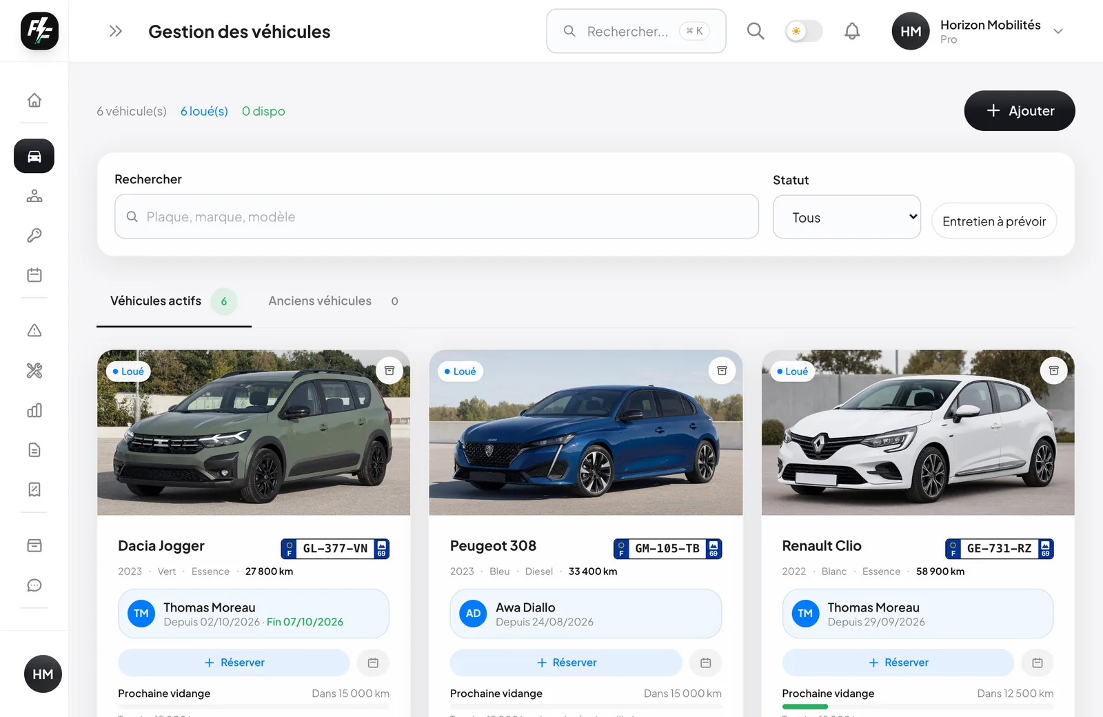 Liste des véhicules avec kilométrage, entretiens et disponibilité